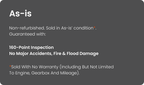 Carro As-Is is used cars that come with Carro's 160-point inspection and are without major accidents, fire or flood damage.